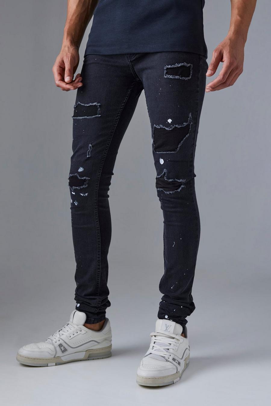 True black Tall Super Skinny Ripped Paint Splatter Jeans  image number 1