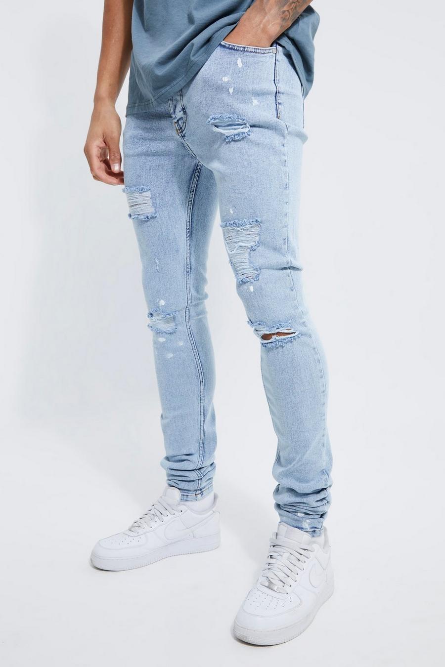 Light blue Tall Super Skinny Ripped Paint Splatter Jeans   image number 1