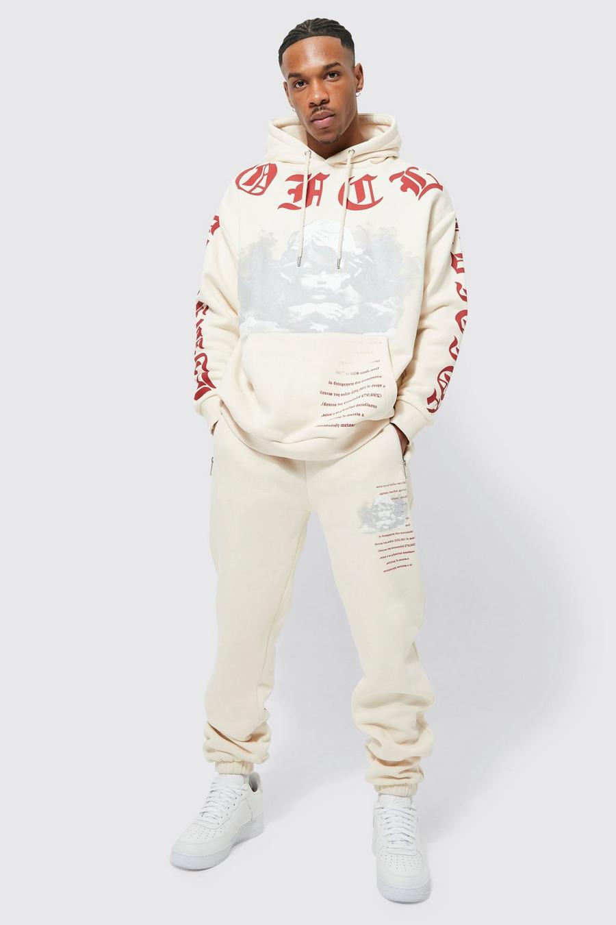 Ecru Oversized Statue Graphic Hooded Tracksuit image number 1