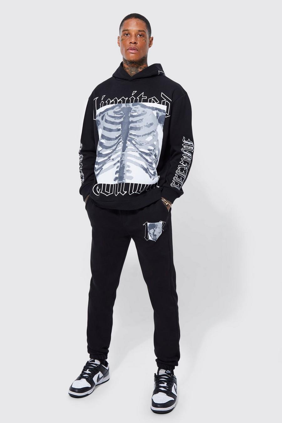 Oversized Skeleton Graphic Hooded Tracksuit, Black negro