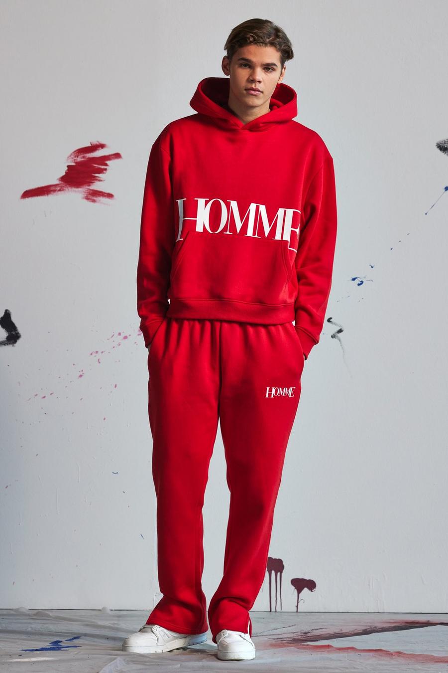 Oversized Boxy Fit Homme Hooded Tracksuit, Red image number 1