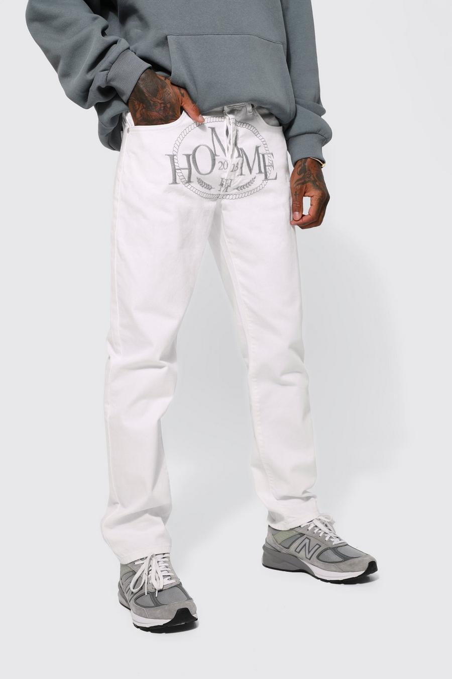 Straight Rigid Homme Embroidered Jeans, White blanco