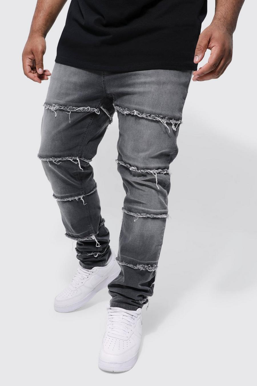 Mid grey Plus Skinny Stretch Frayed Panelled Stacked Jeans   image number 1