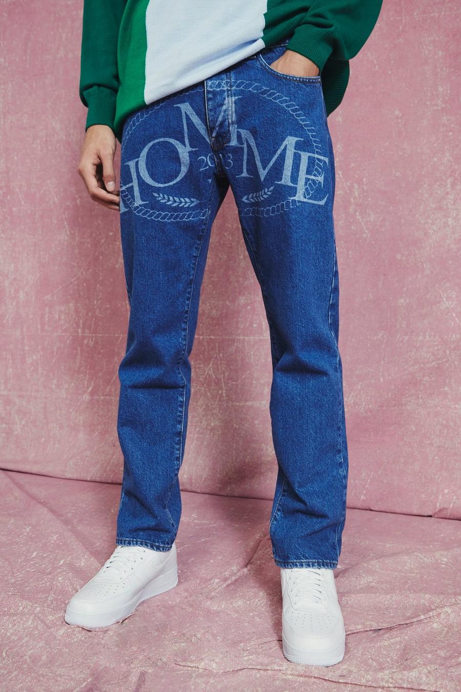 Mid blue Onbewerkte Homme Print Jeans Met Rechte Pijpen image number 1