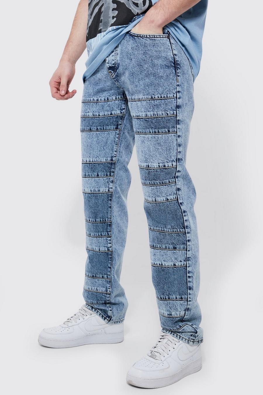 Mid blue blå Tall Relaxed Fit All Over Panel Jeans image number 1