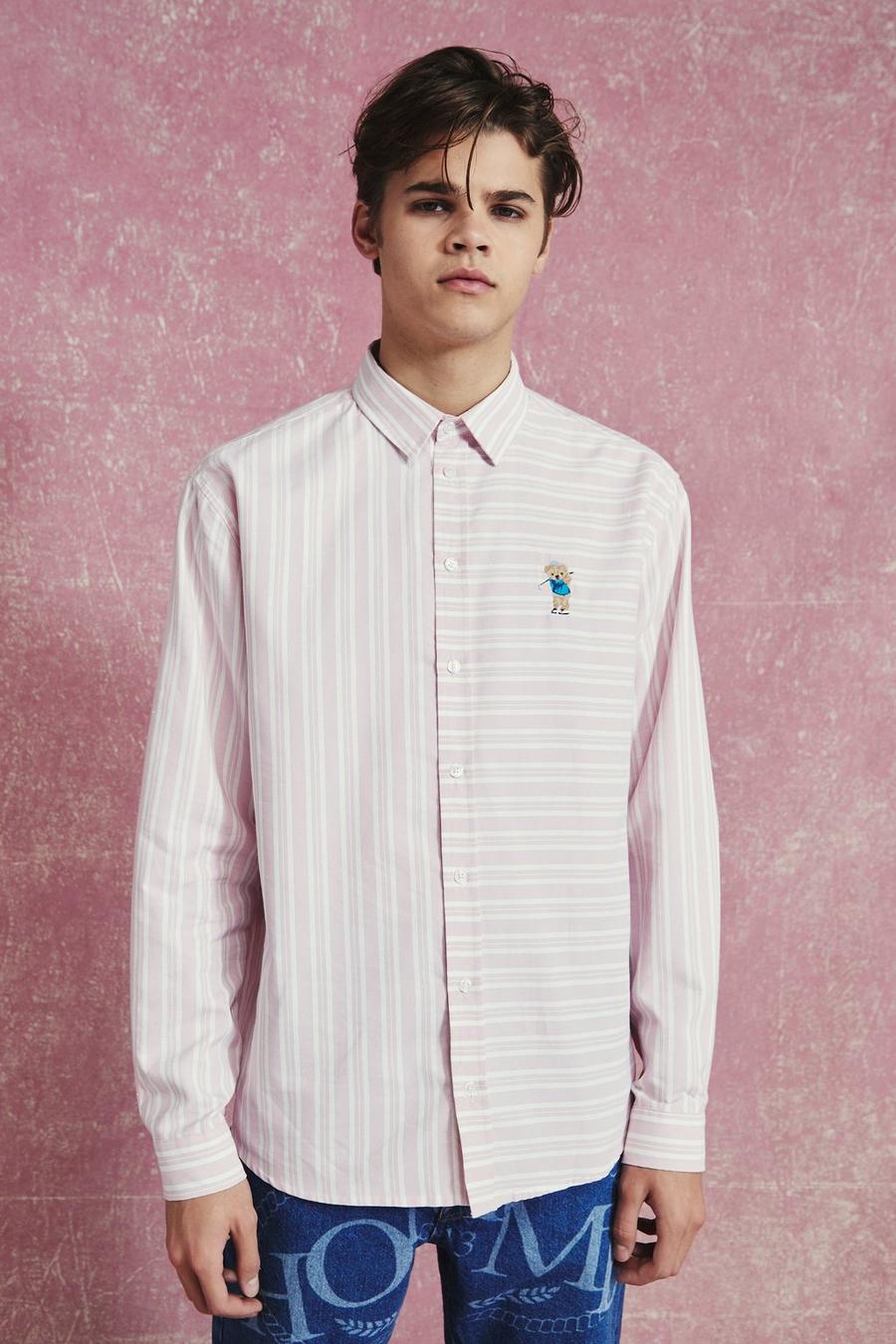 Oversize Oxford-Teddy-Baumwoll-Streifenhemd, Light pink image number 1