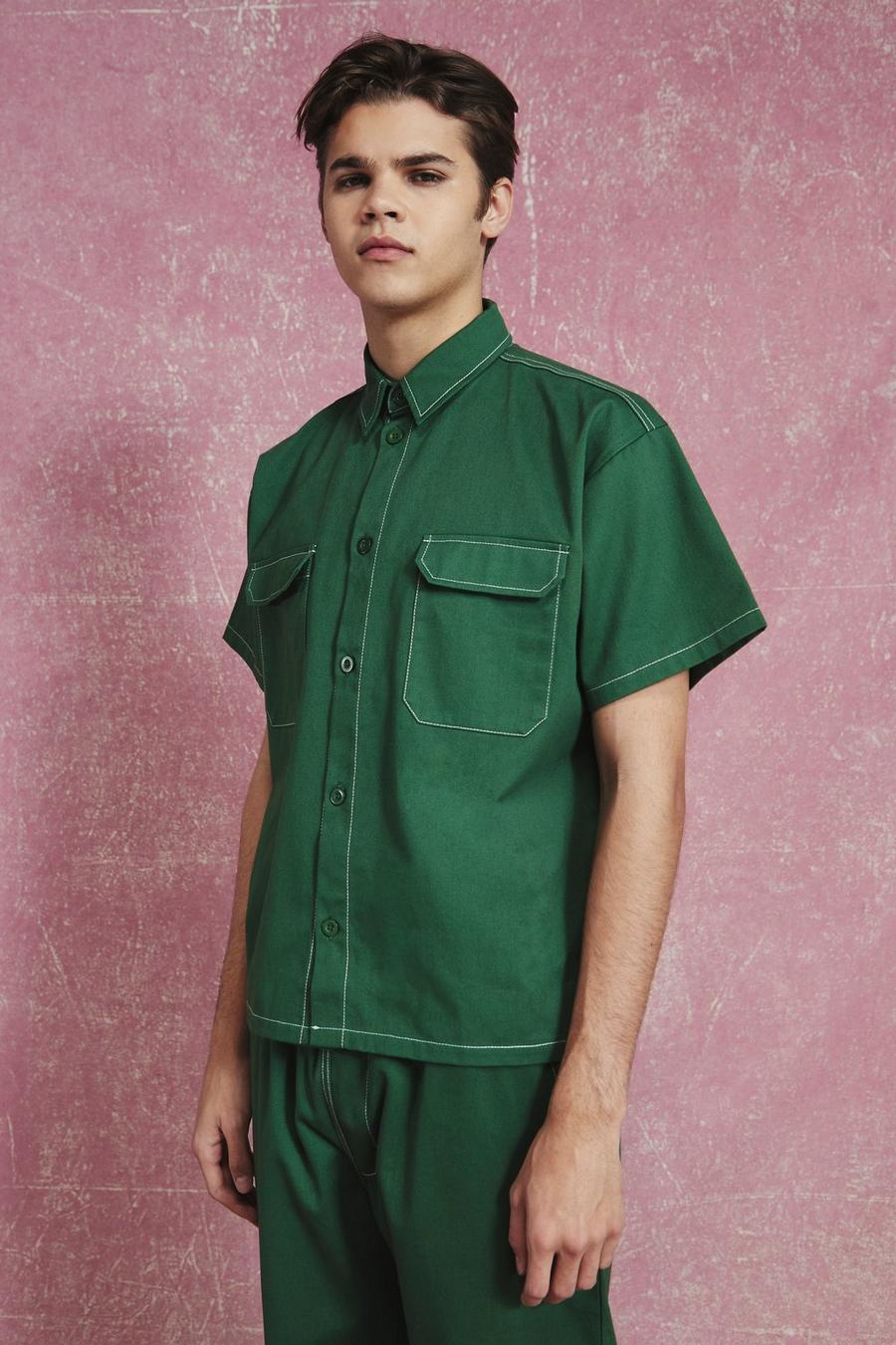 Forest green Boxy Twill Embroidered Overshirt