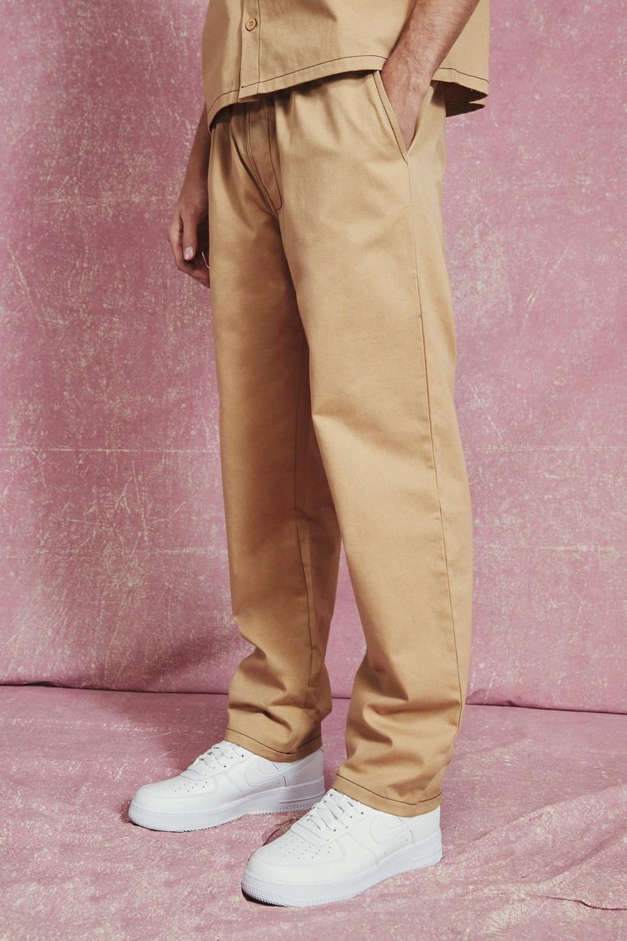 Tan Elasticated Straight Leg Twill Trousers image number 1
