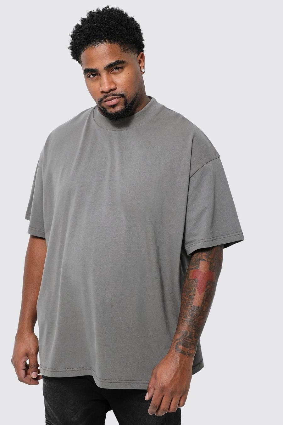 Grey Plus Oversized Extended Neck Heavy T-shirt     image number 1
