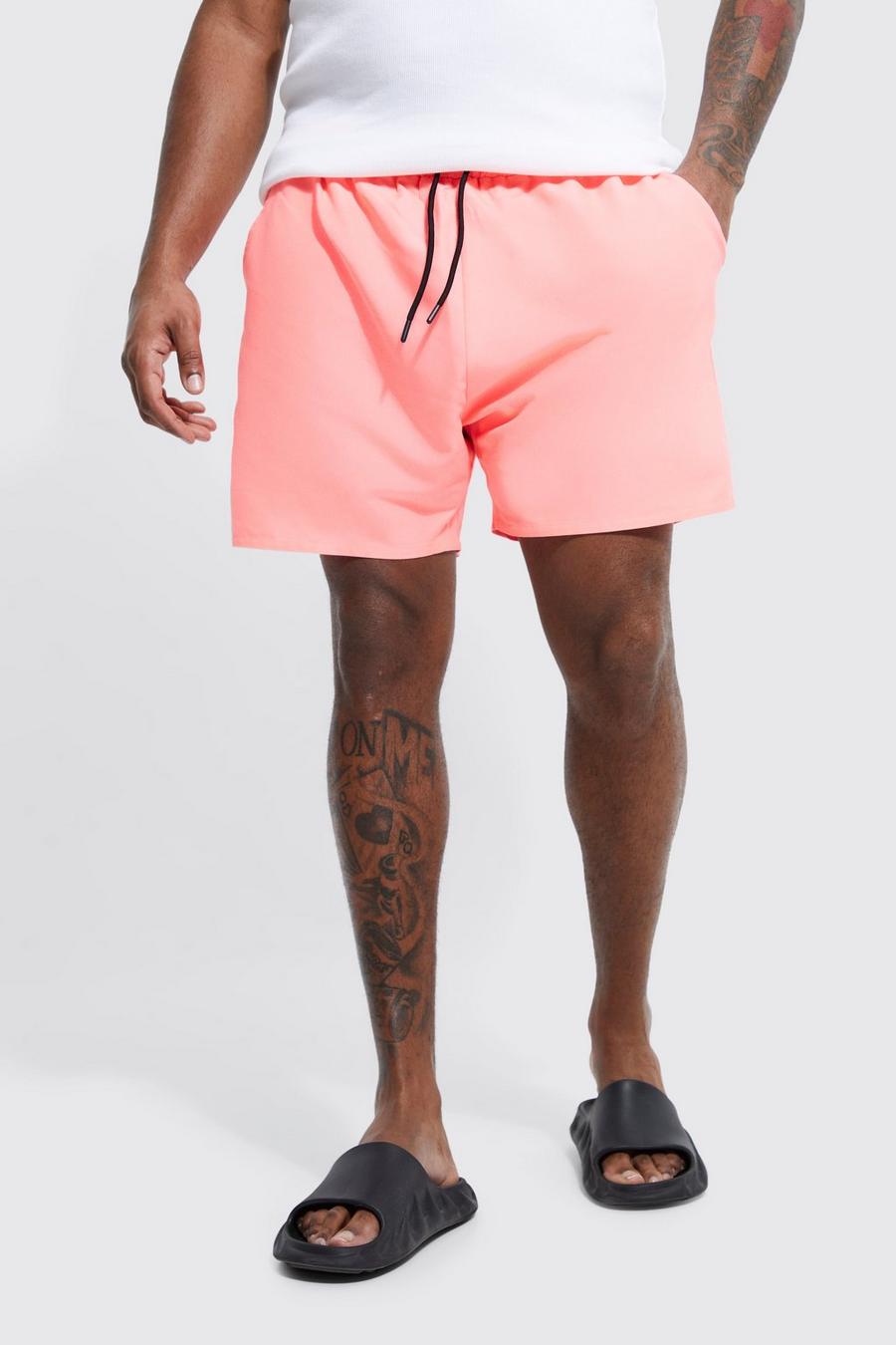 Neon-pink Plus Mid Length Plain Swim Shorts  image number 1