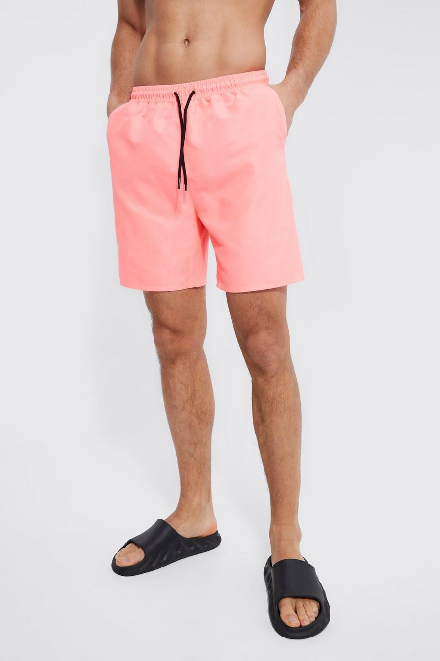 Neon-pink rosa Tall Mid Length Plain Swim Shorts 