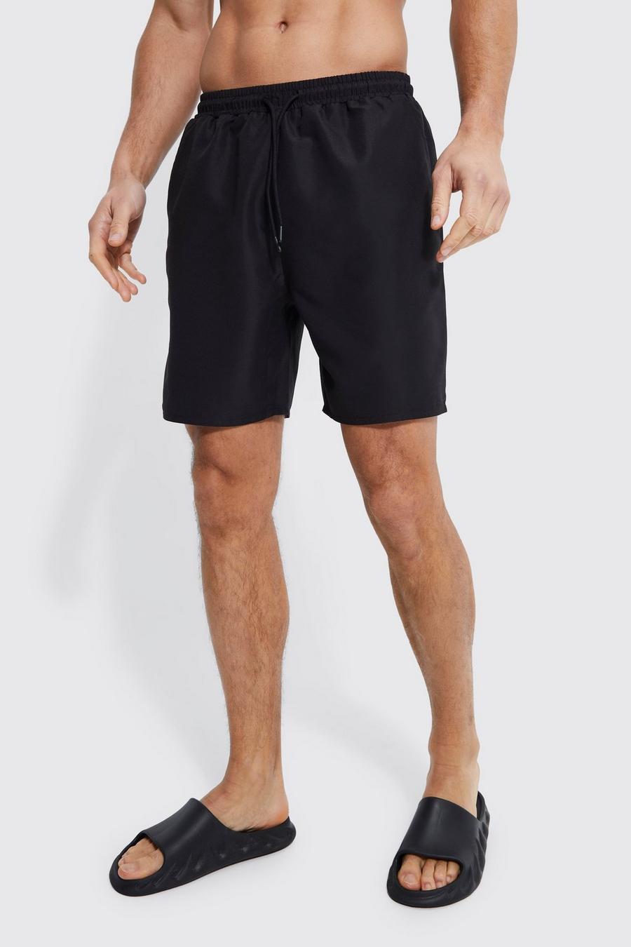 Black svart Tall Mid Length Plain Swim Shorts image number 1