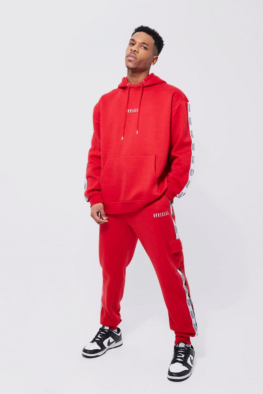 Red Oversized Man Tape Cargo Hooded Tracksuit image number 1