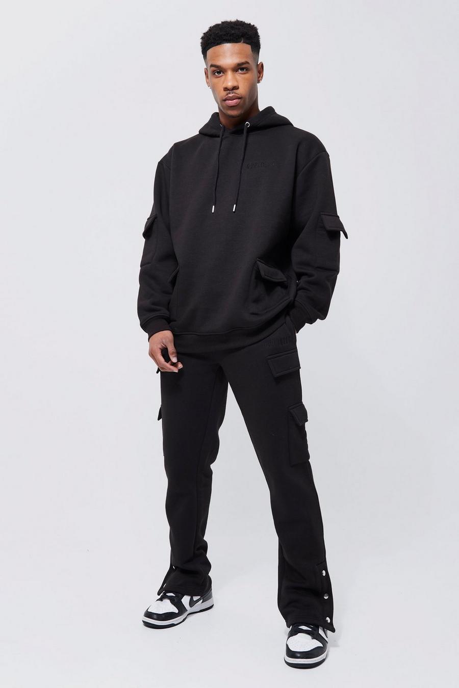 Black Oversized Official Cargo Hooded Tracksuit image number 1