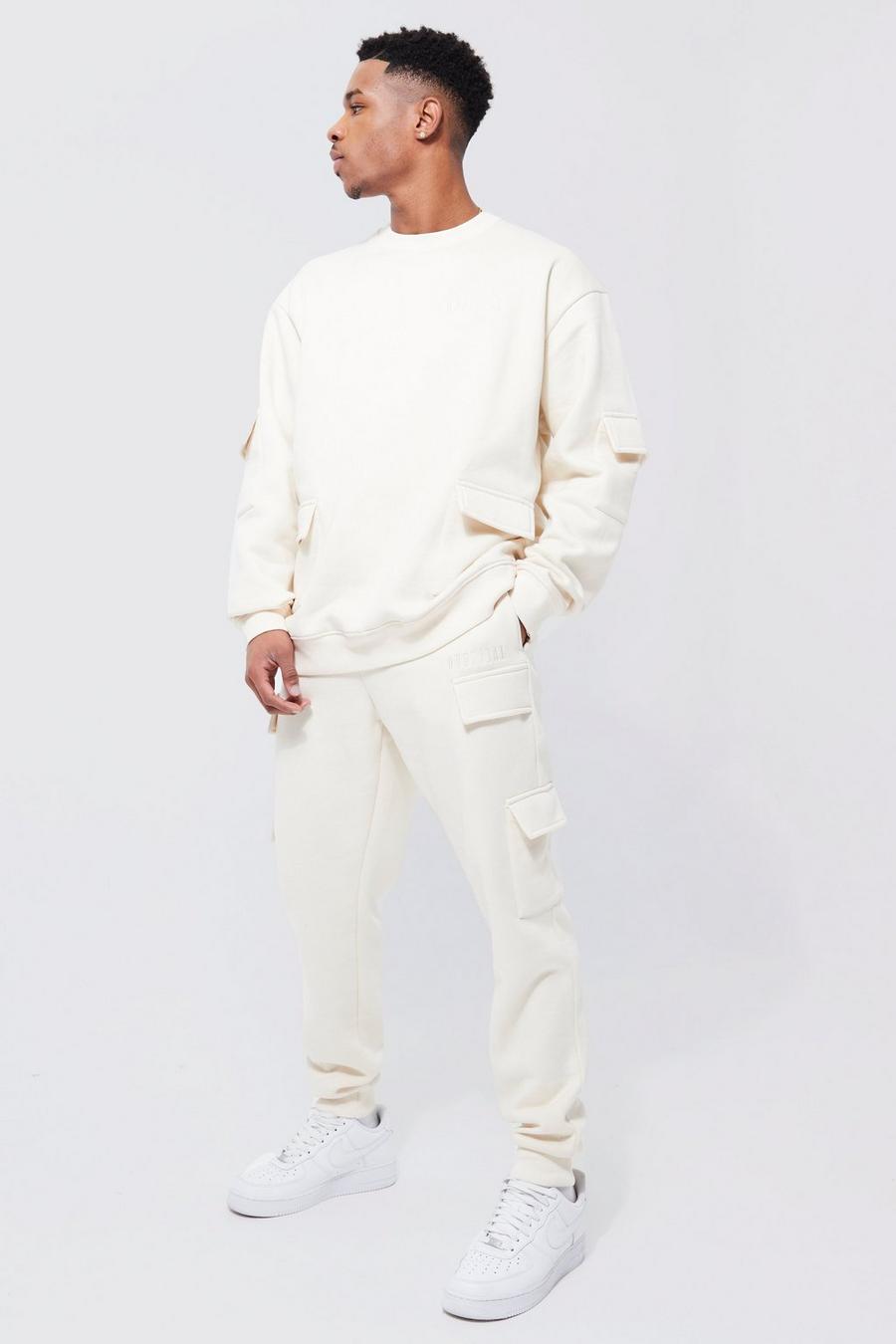 Ecru white Oversized Official Cargo Sweatshirt Tracksuit image number 1