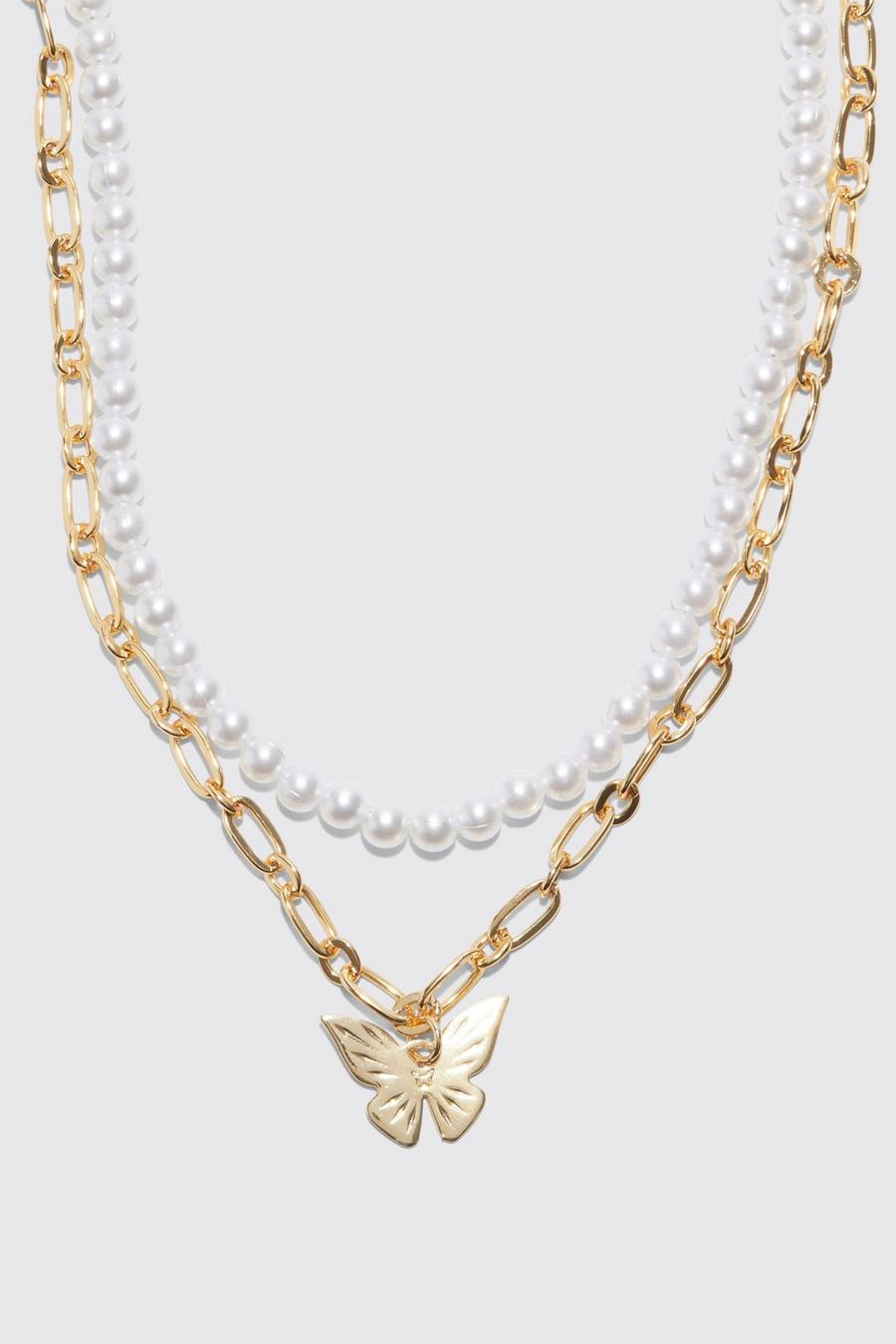 Gold Butterfly Pearl Multi Layer Chain Necklace image number 1