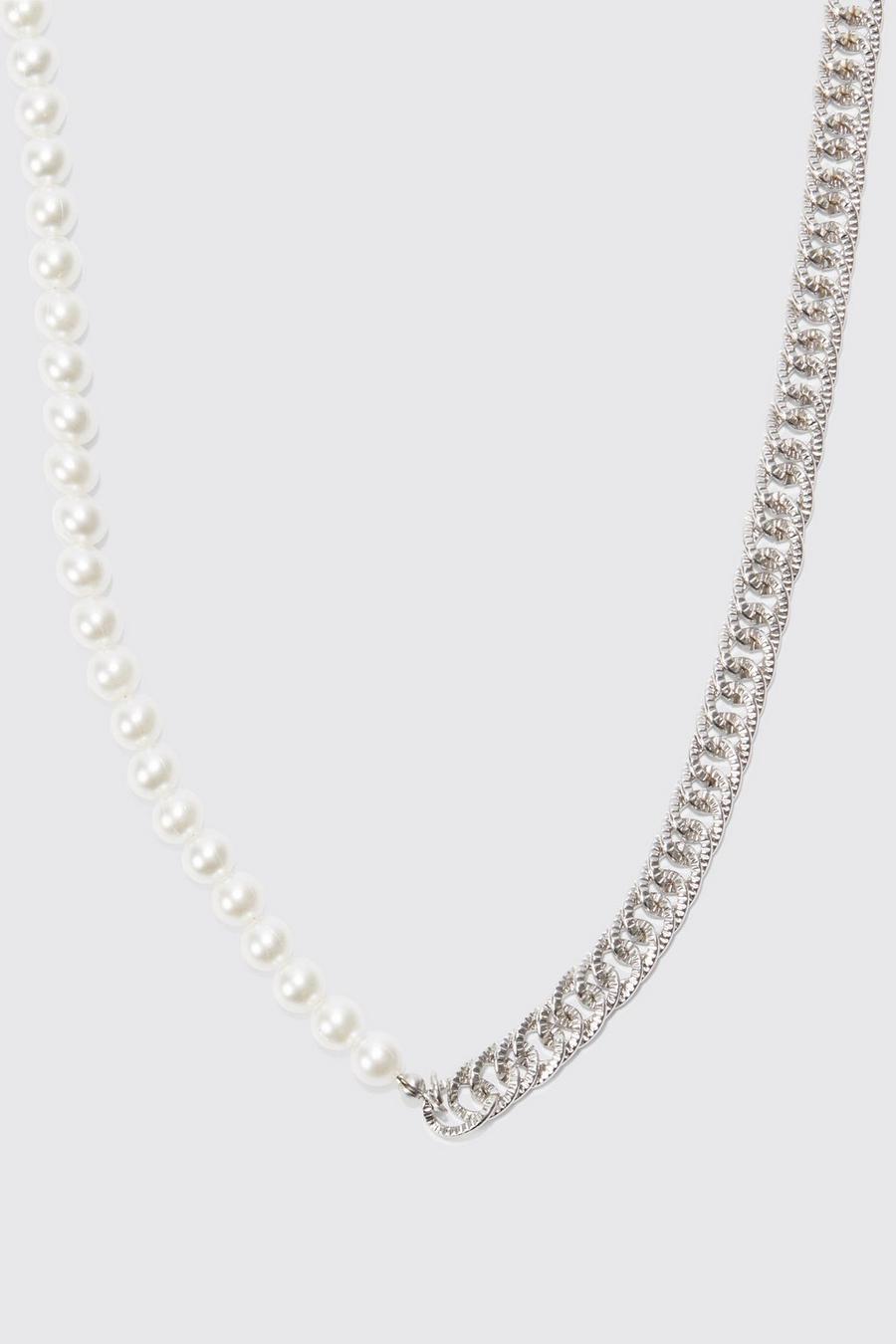 Halskette aus Perlen und klobiger Kette, Silver
