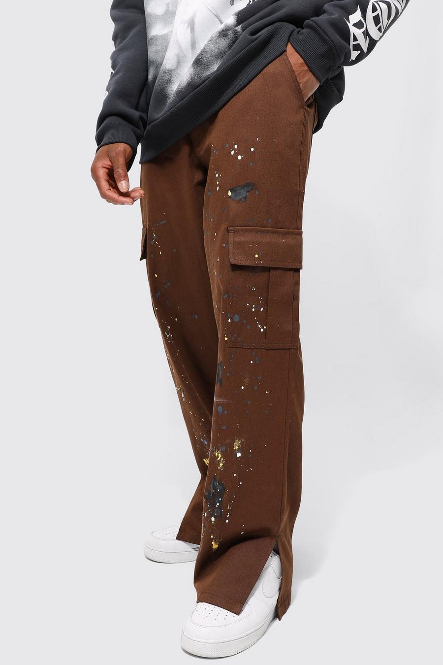 Brown Fixed Waist Relaxed Paint Splat Cargo image number 1