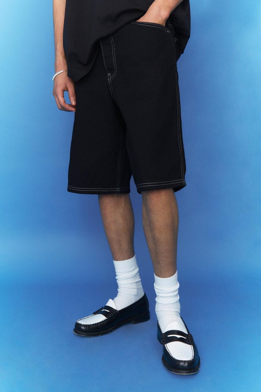 True black Skate Fit Contrast Stitch Denim Shorts