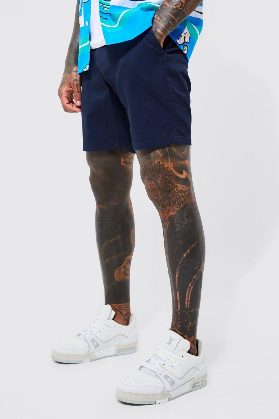 Pantalón corto chino elástico ajustado con cintura fija, Navy blu oltremare image number 1