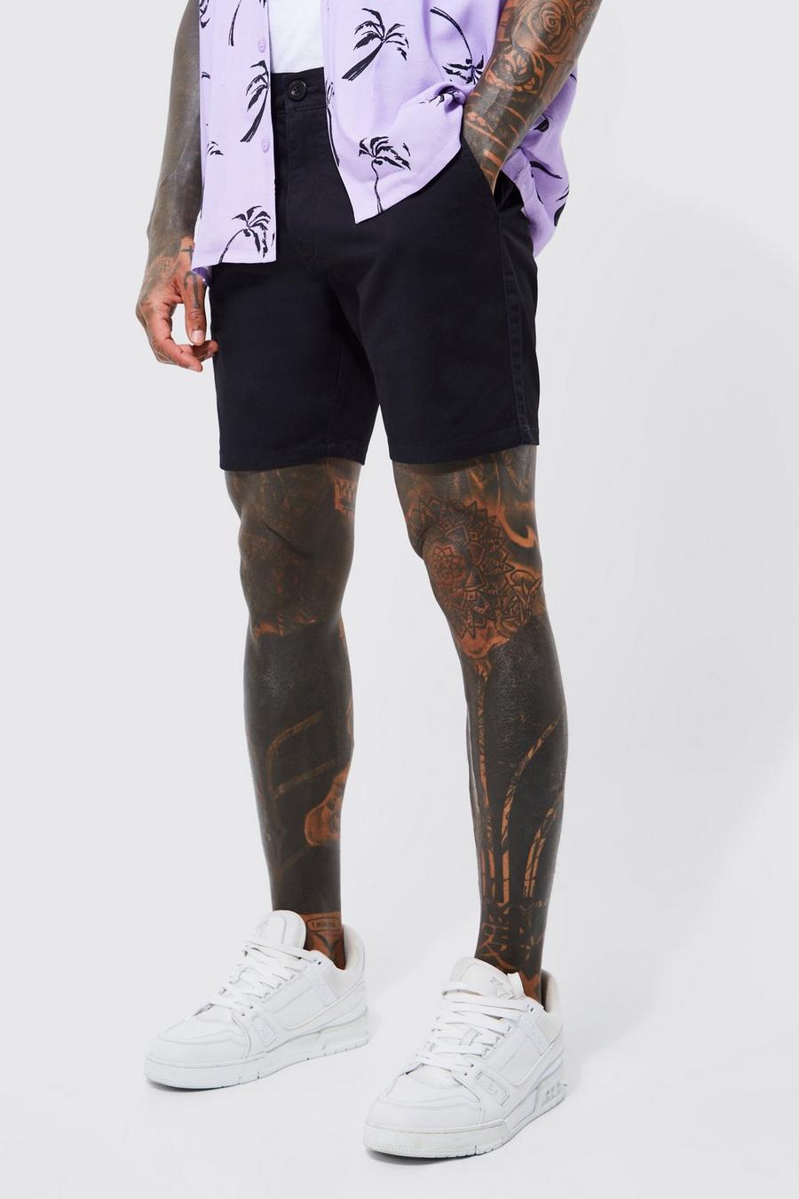 Pantalón corto chino elástico ajustado con cintura fija, Black