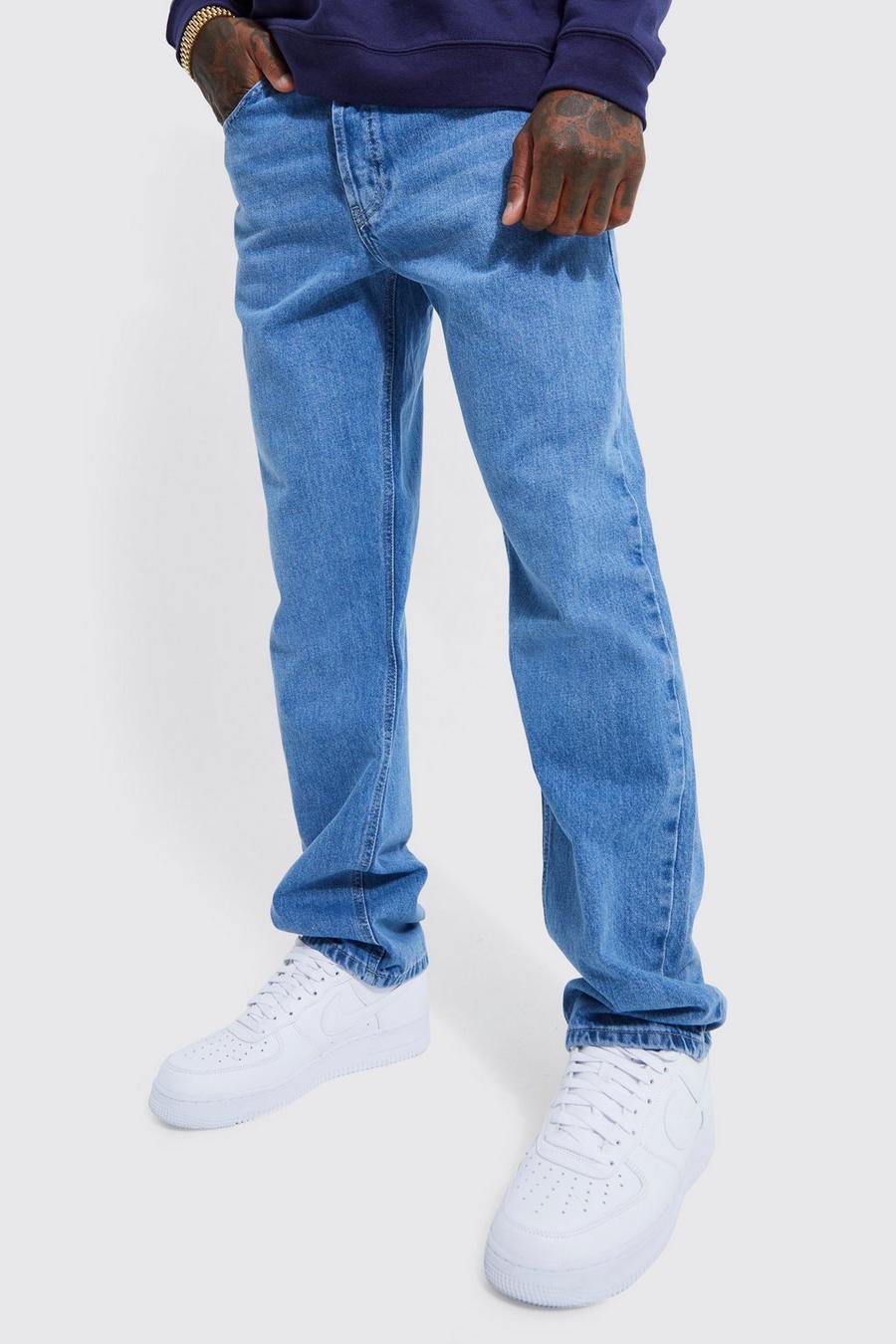 Jeans slavati rilassati in denim rigido, Mid blue azul