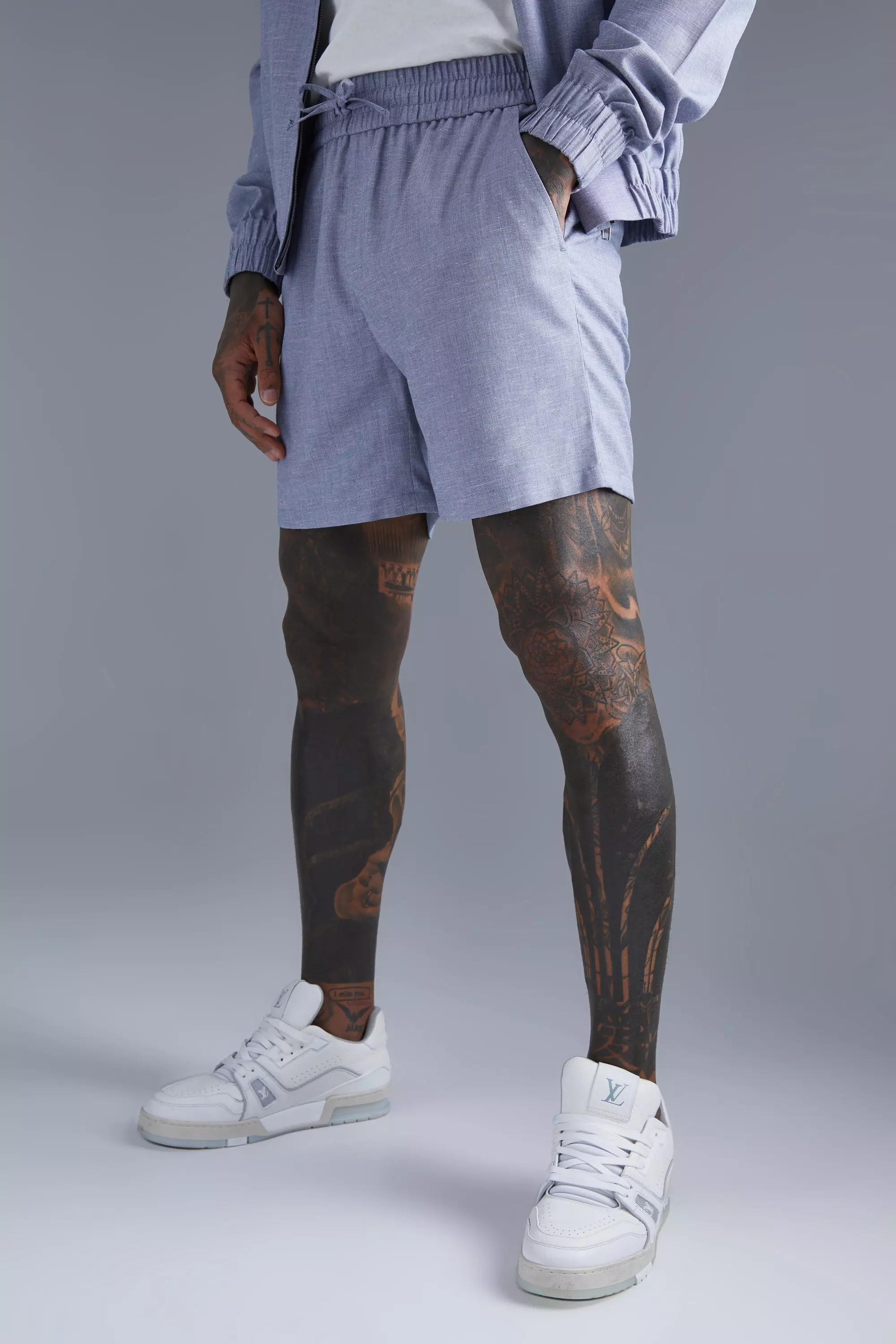 Navy Elasticated Linen Shorts صورة بديلة