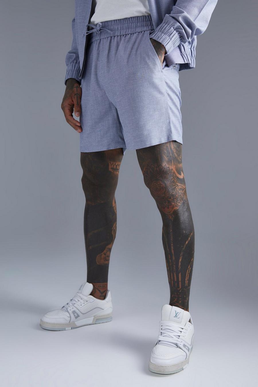 Elastische Leinen-Shorts, Navy