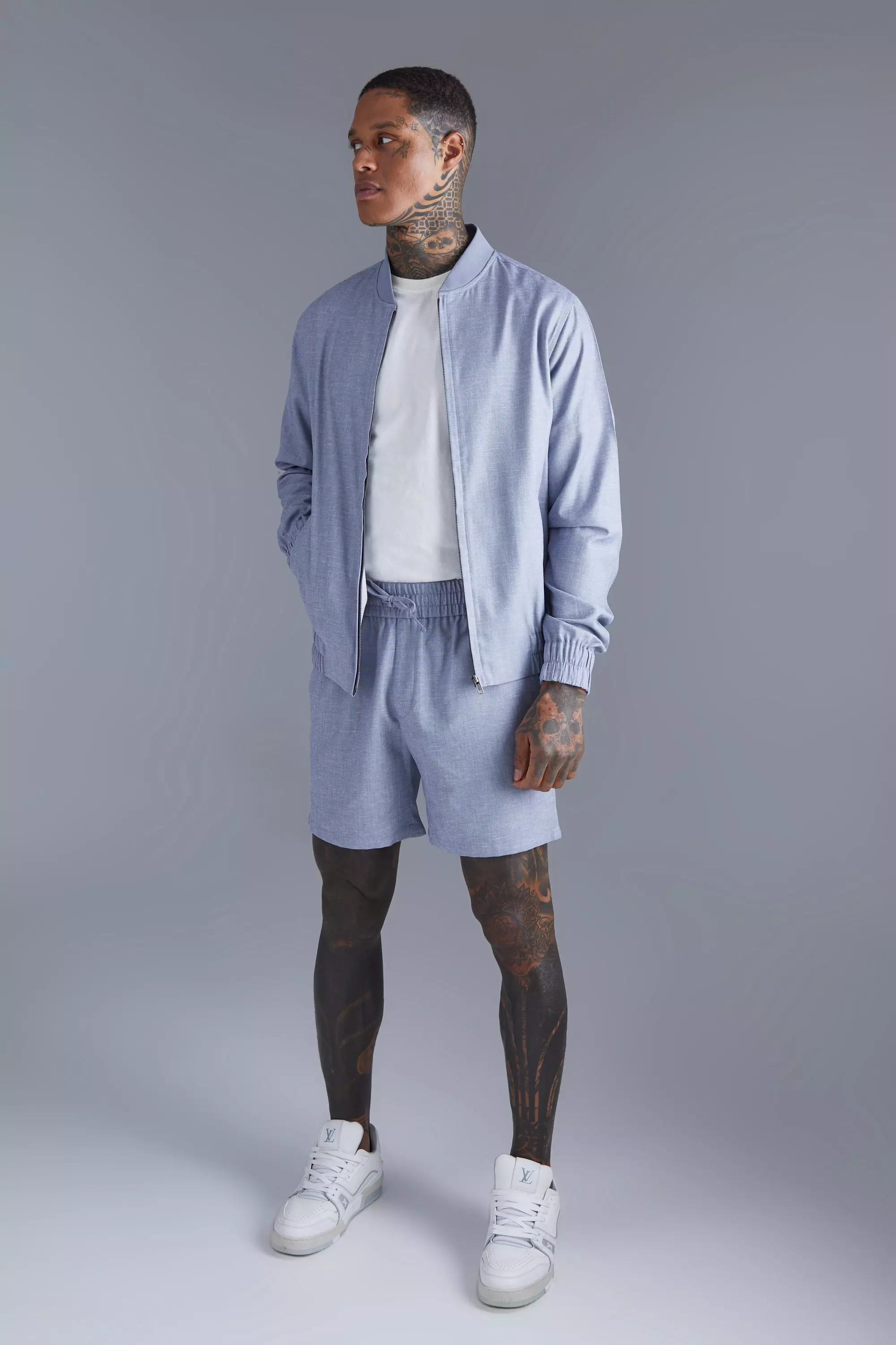 Navy Elasticated Linen Shorts صورة بديلة