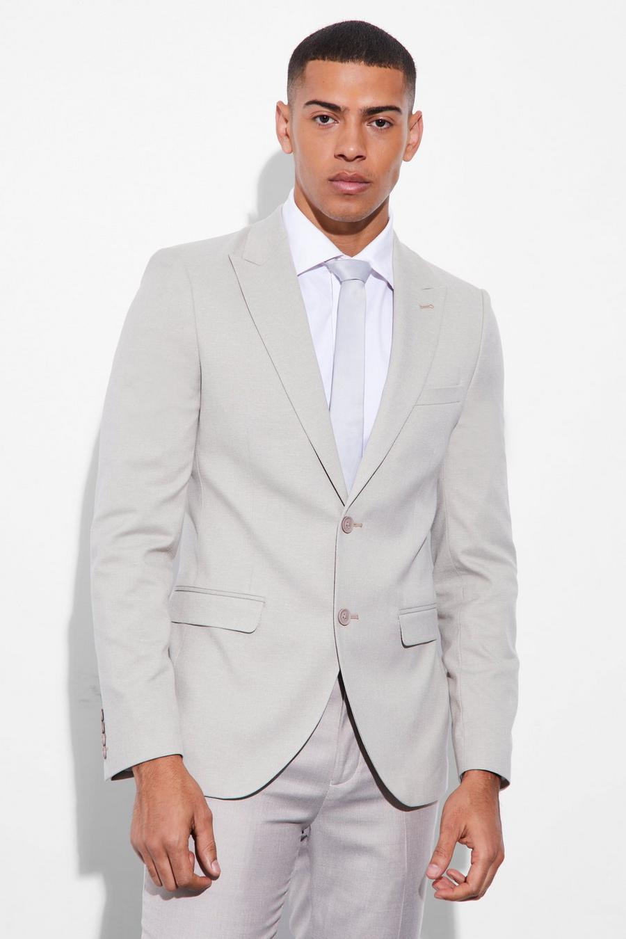 Taupe beige Skinny Single Breasted Linen Suit Jacket image number 1
