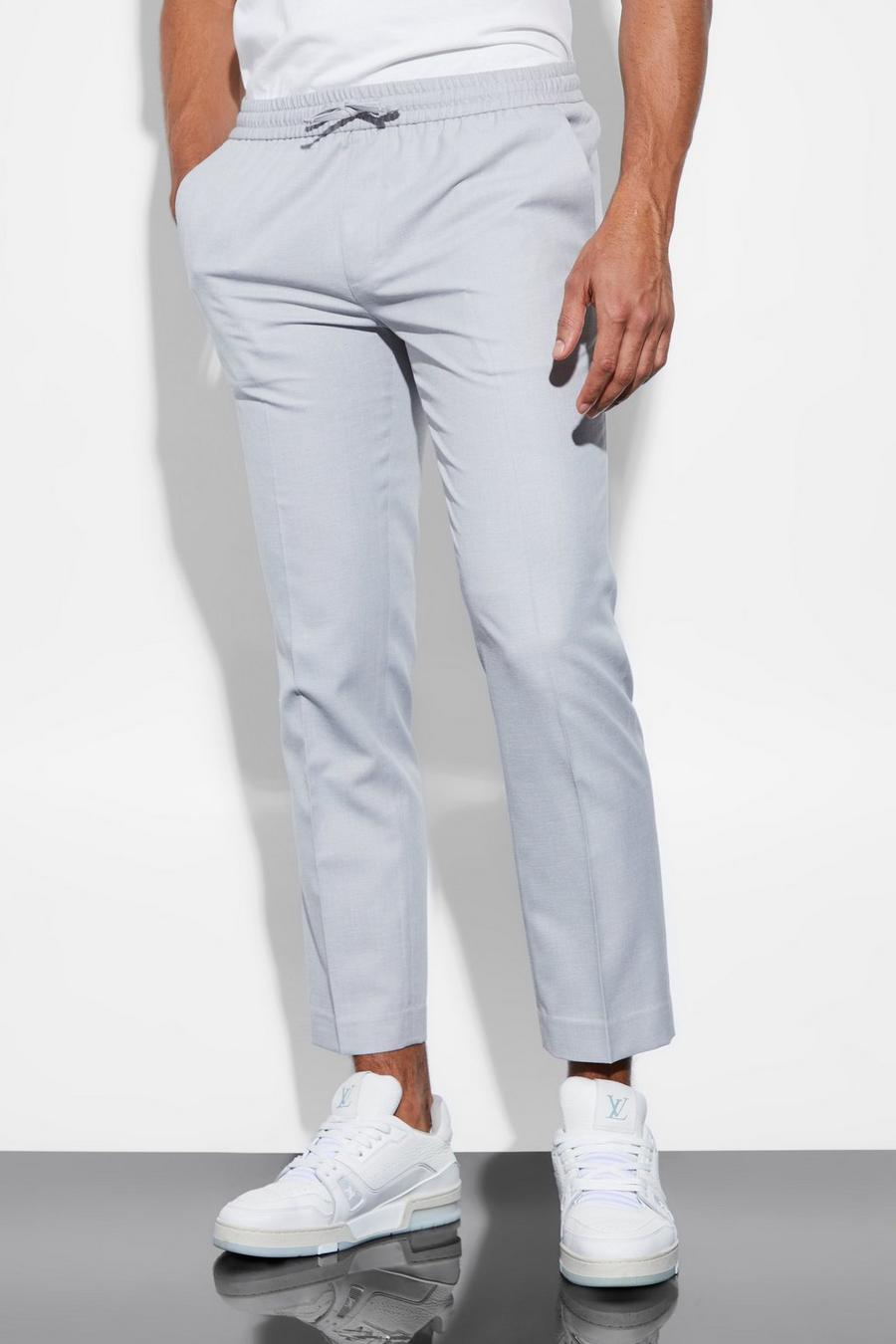 Elasticated Slim Crop Linen Trousers, Light grey gris image number 1