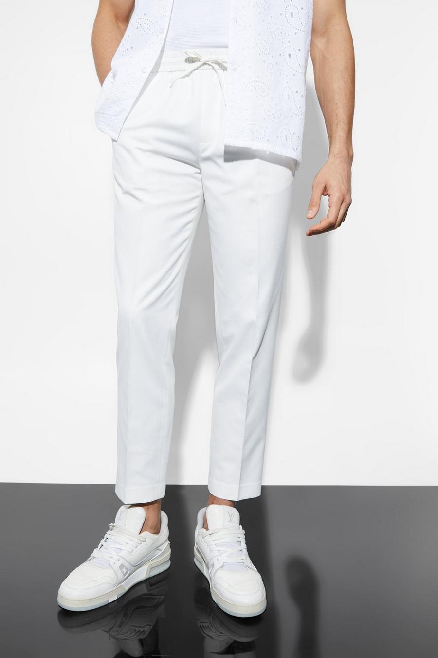 Elasticated Slim Crop Linen Trousers, Ecru white