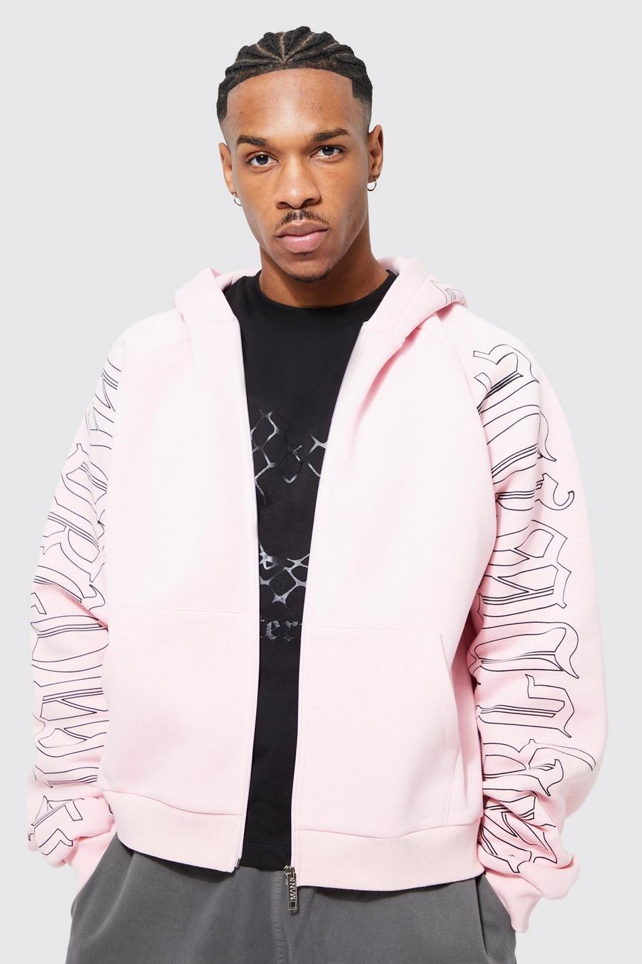 Pale pink Oversized Boxy Sleeve Gothic Print Zip Hoodie image number 1
