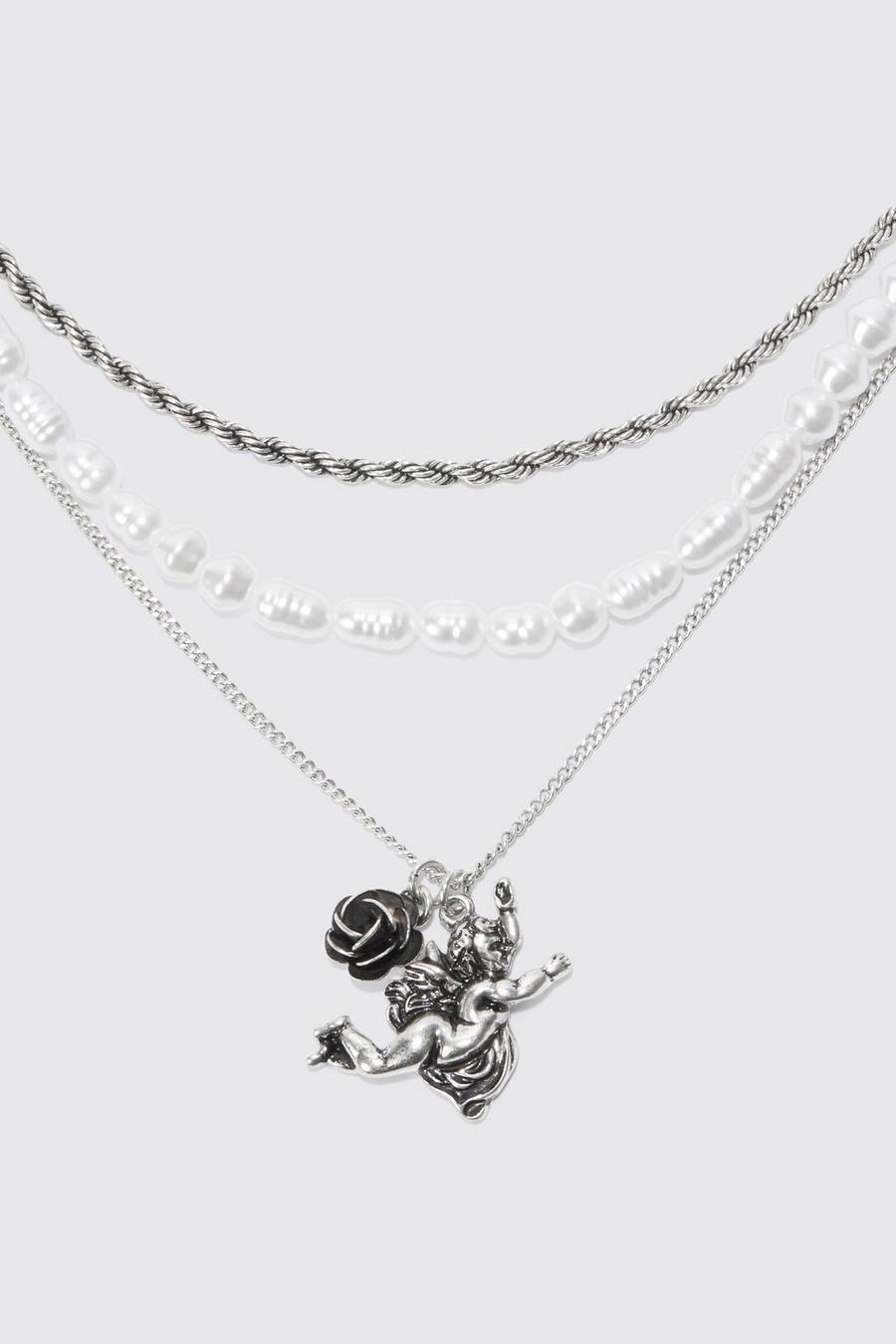 Silver Multi Layer Pearl Pendant Necklace
