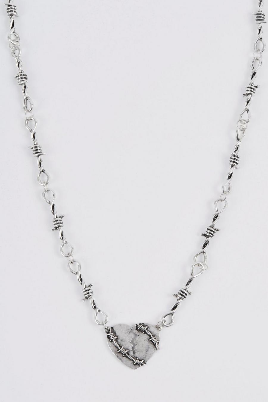 Silver silber Broken Heart Pendant Barbed Wire Necklace image number 1