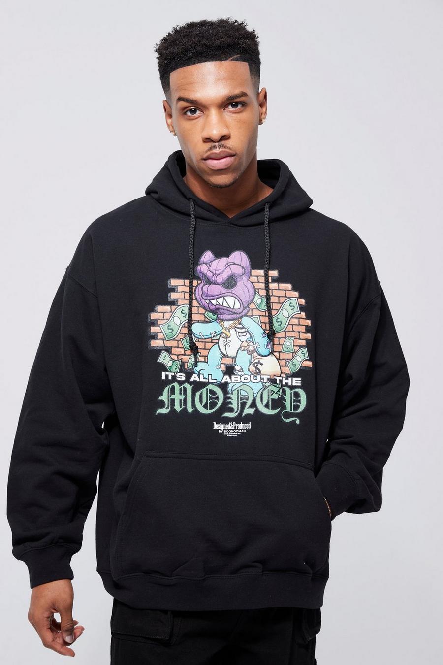 Black Oversized Graphic Teddy Hoodie image number 1