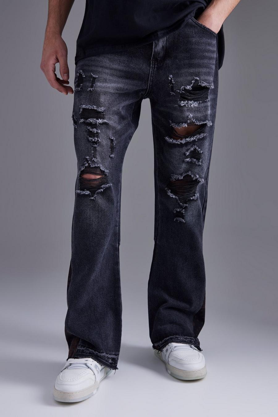 Washed black Bandana Pannel Ripped Flare Jeans