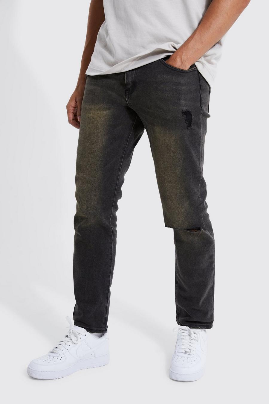 Brown Overdyed Slim Fit Ripped Knee Jeans image number 1