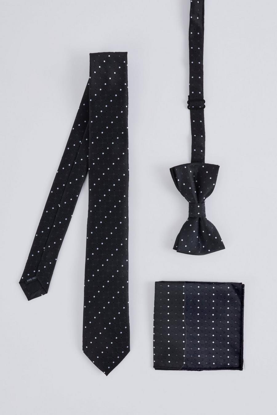 Black noir Polka Dot  Bow Tie, Pocket Square & Tie Set