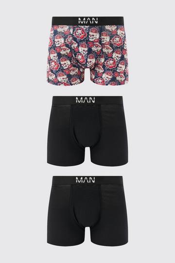 3 Pack Skull Rose Printed Boxers multi