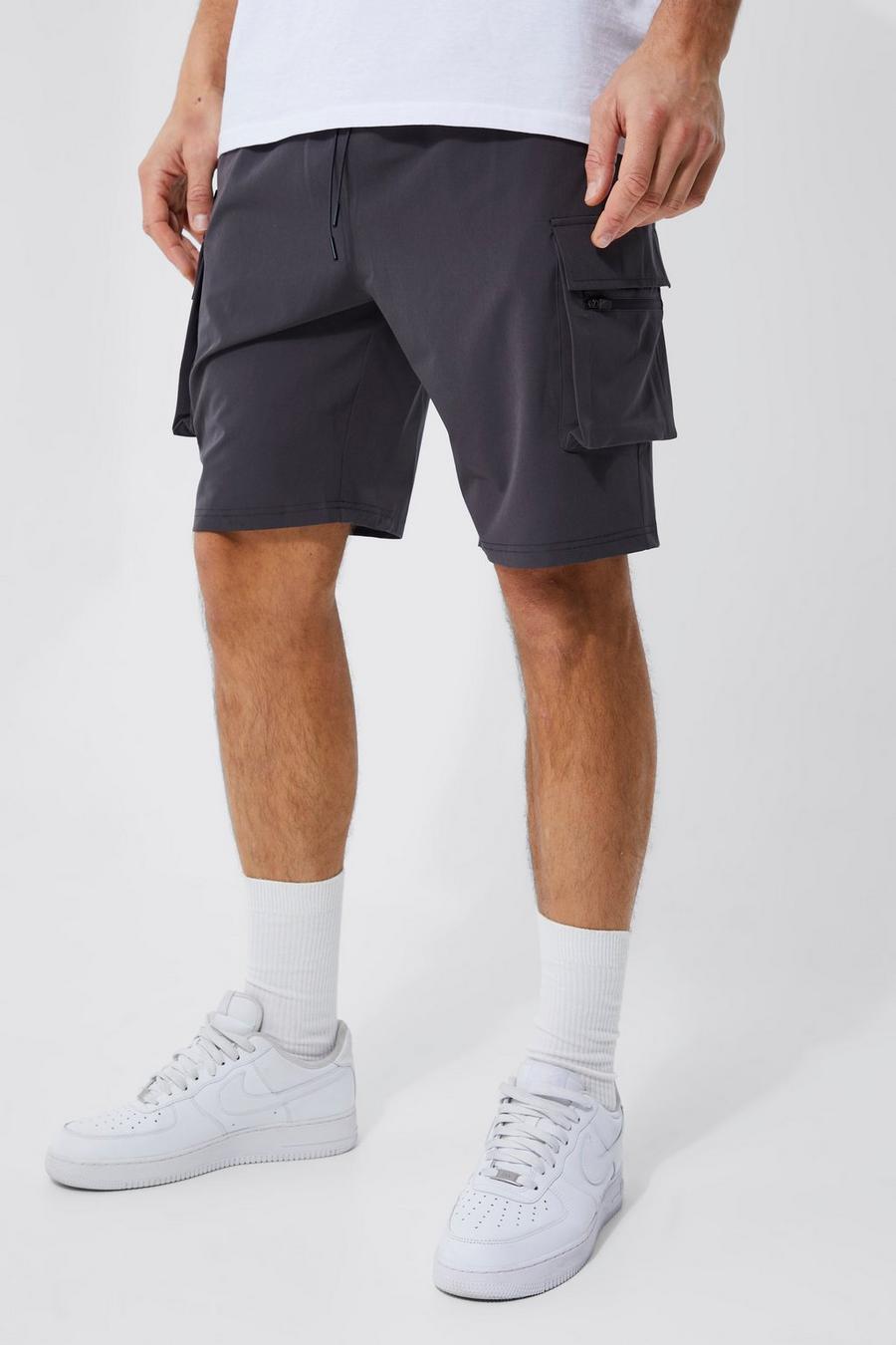 Pantaloncini Cargo Tall in 4 Way Stretch con vita elasticizzata, Dark grey image number 1