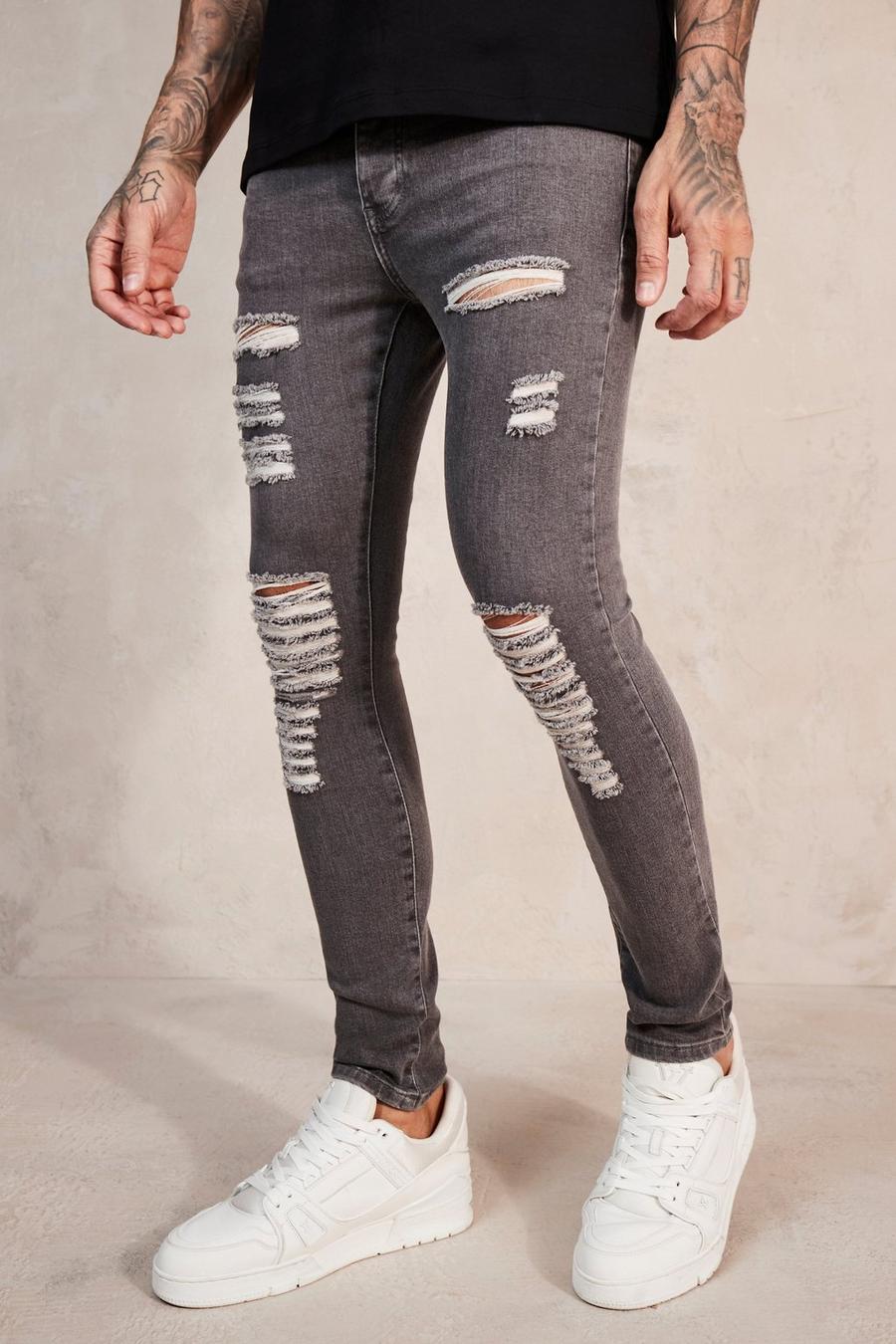 Mid grey grå Super Skinny Jeans With All Over Rips image number 1