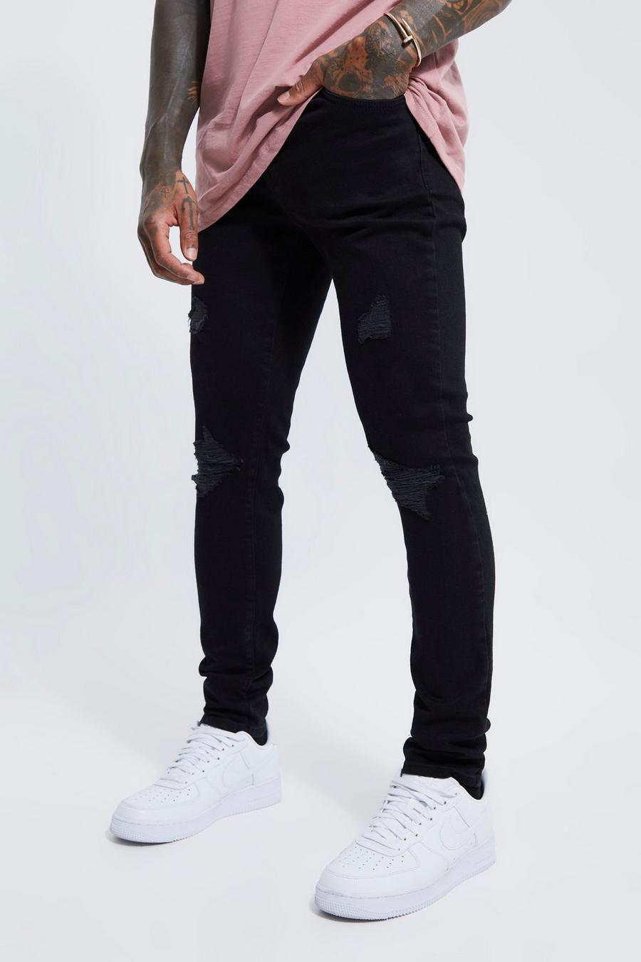 True black Skinny Stretch Exploded Knee Ripped Jeans image number 1
