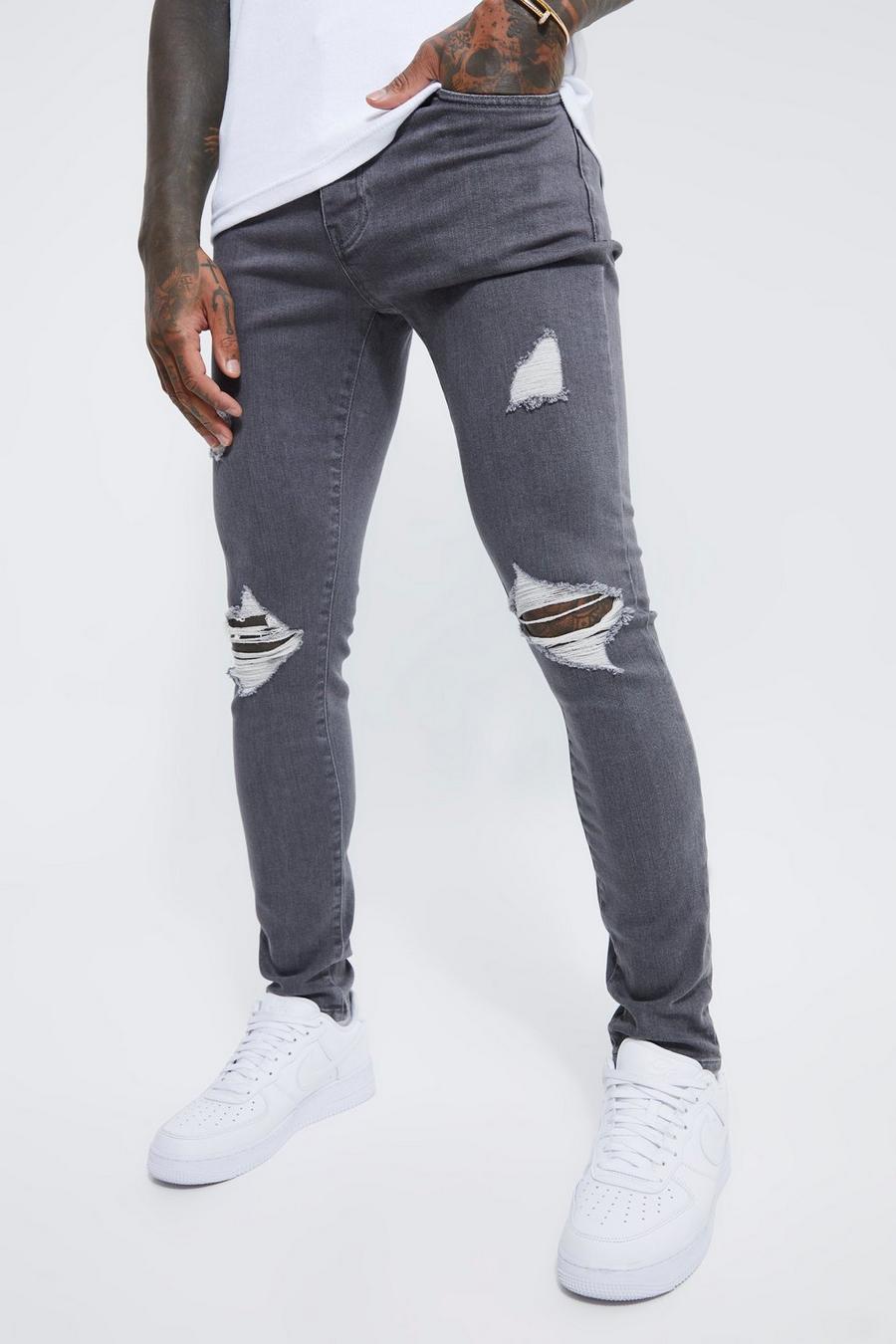 Mid grey Skinny Stretch Exploded Knee Ripped Jeans