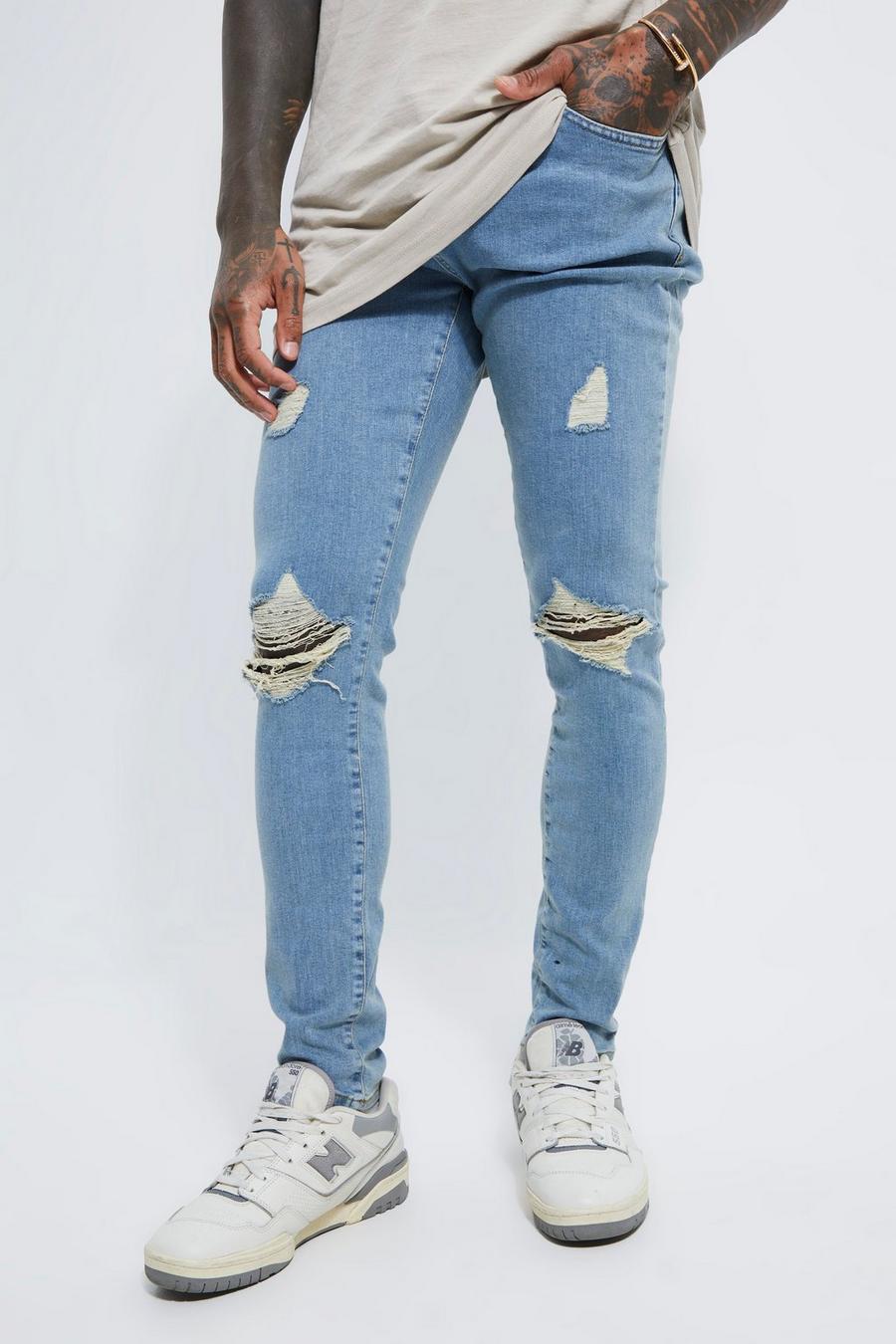Antique blue Skinny Stretch Exploded Knee Ripped Jeans