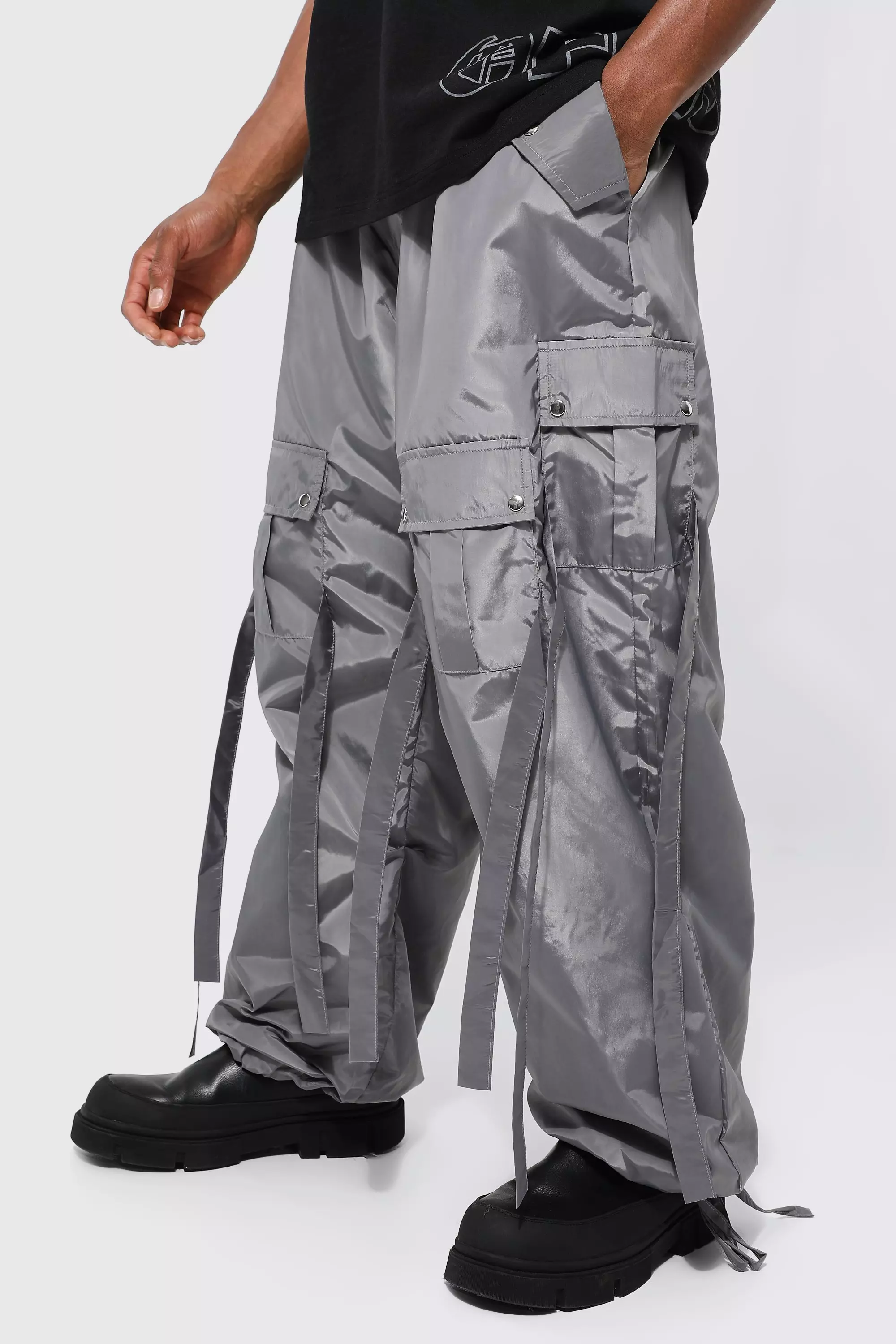 Men's Parachute Pants Cargo Pockets Elasticized Waistband FREE 3-5