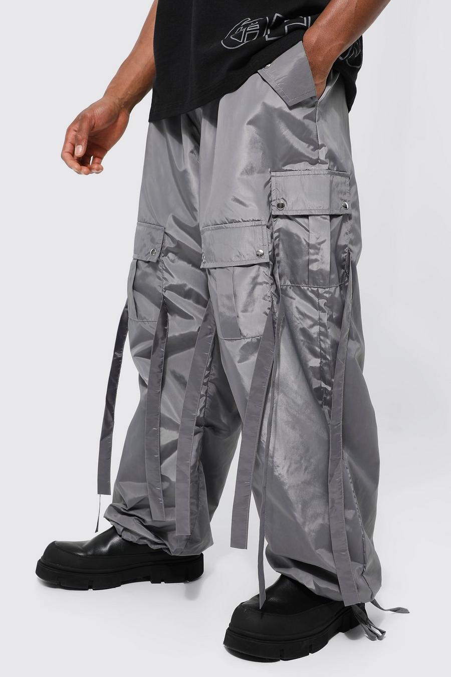 Charcoal grigio Elastic Waist Parachute Cargo Strap Trouser