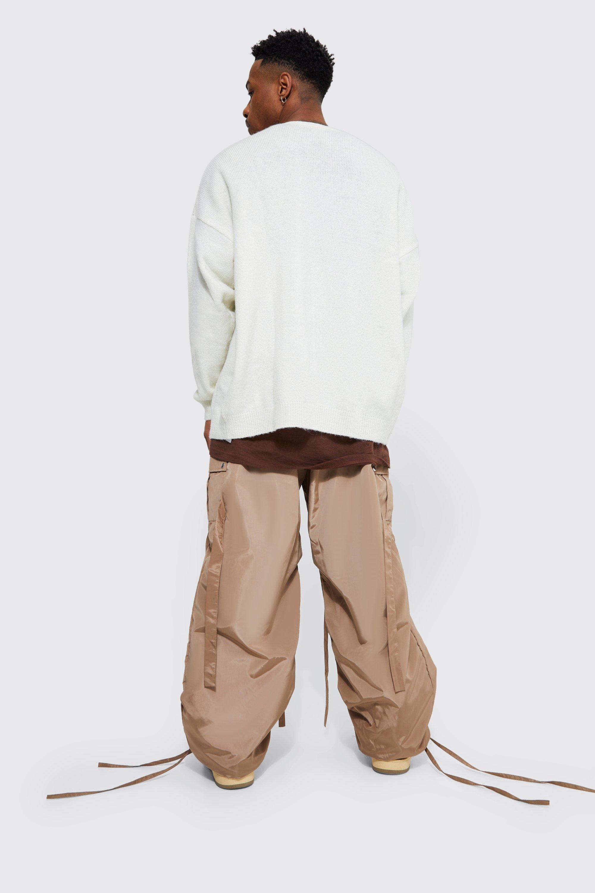 Men's Beige Parachute Pants Baggy Elasticized Waistband