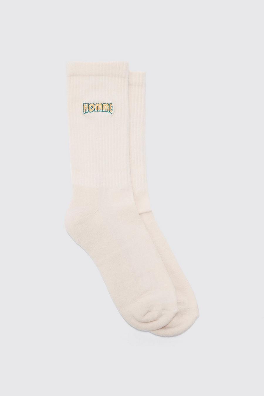 Homme Embroidered Sports Socks, Ecru bianco