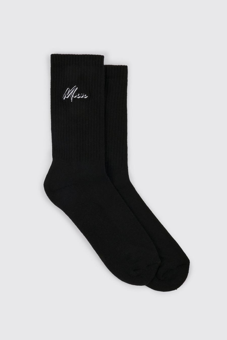 Man Script Embroidered Sports Socks, Black negro image number 1